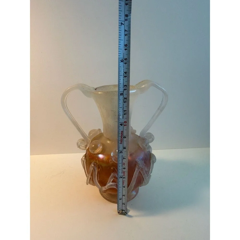 Vintage Murano Scavo Iridescent Art Glass‎ Vase w/Crimp Handles 5